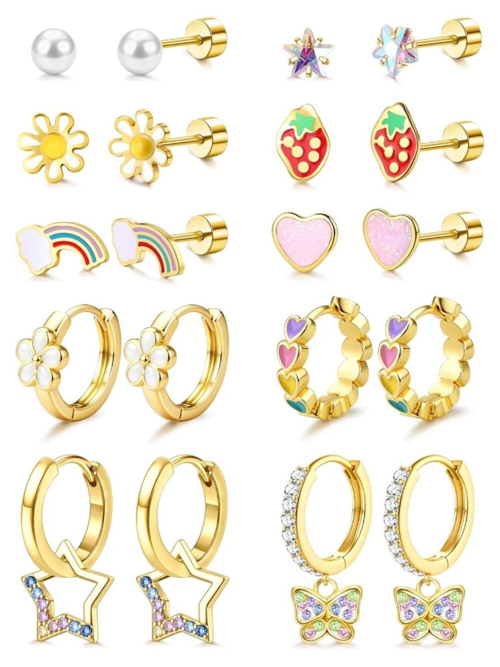 Hypoallergenic Flat Back Stud Earrings Girls Surgical Steel 10 Pair Set
